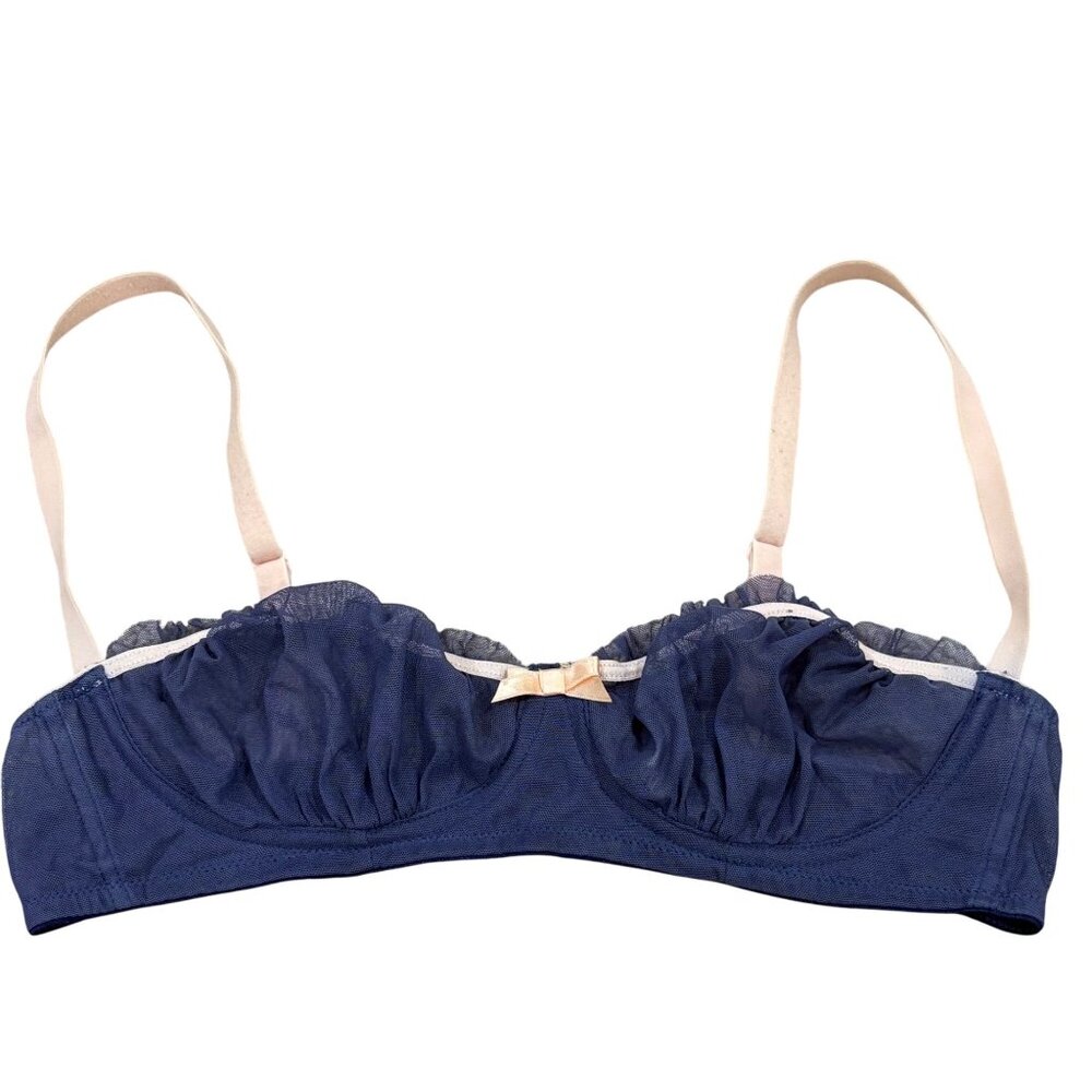 Paul & Joe Cosabella Womens Bra 34B Blue Mesh Ruffle Bow Detail Adjustable Strap